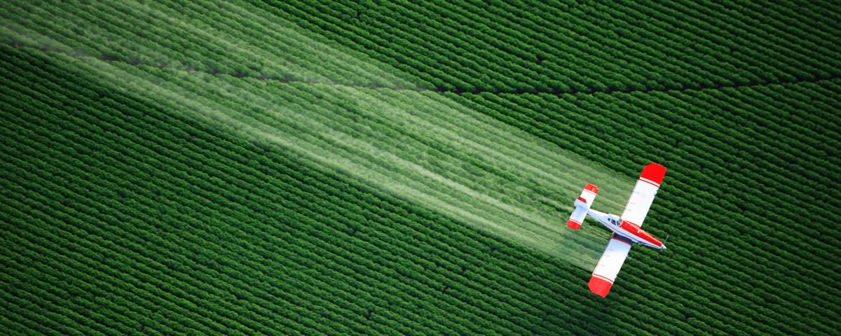 aerial view of a crop duster or aerial applicator, flying low, and spraying agricultural chemicals, over lush green potato fields in Idaho.